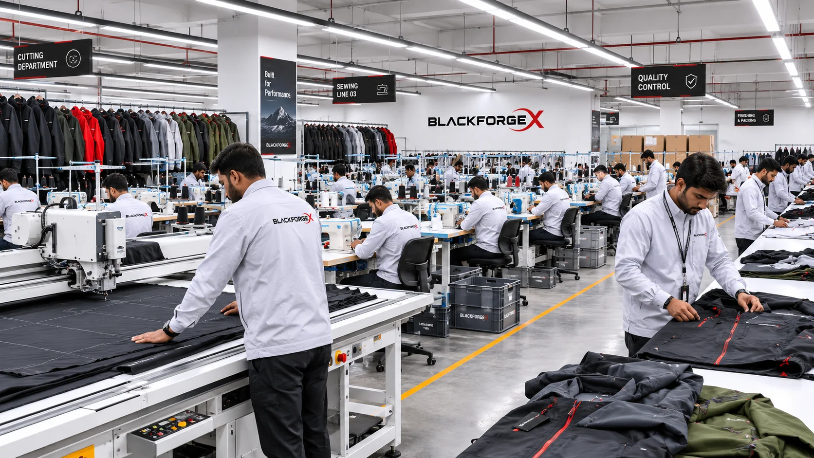 BlackForgeX technical apparel production floor in Sialkot