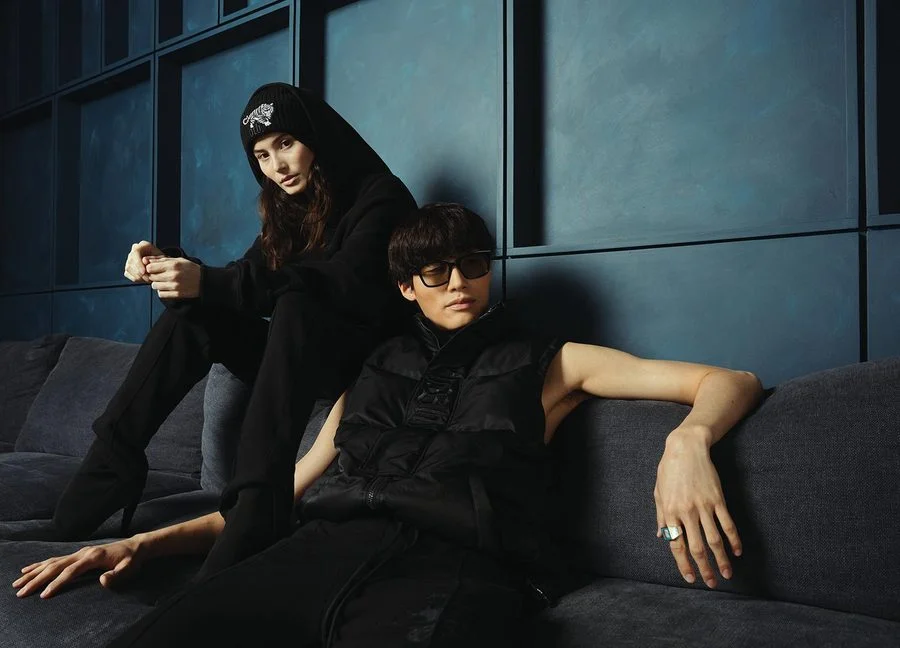 Black studio apparel set showing finished cut and sew garments
