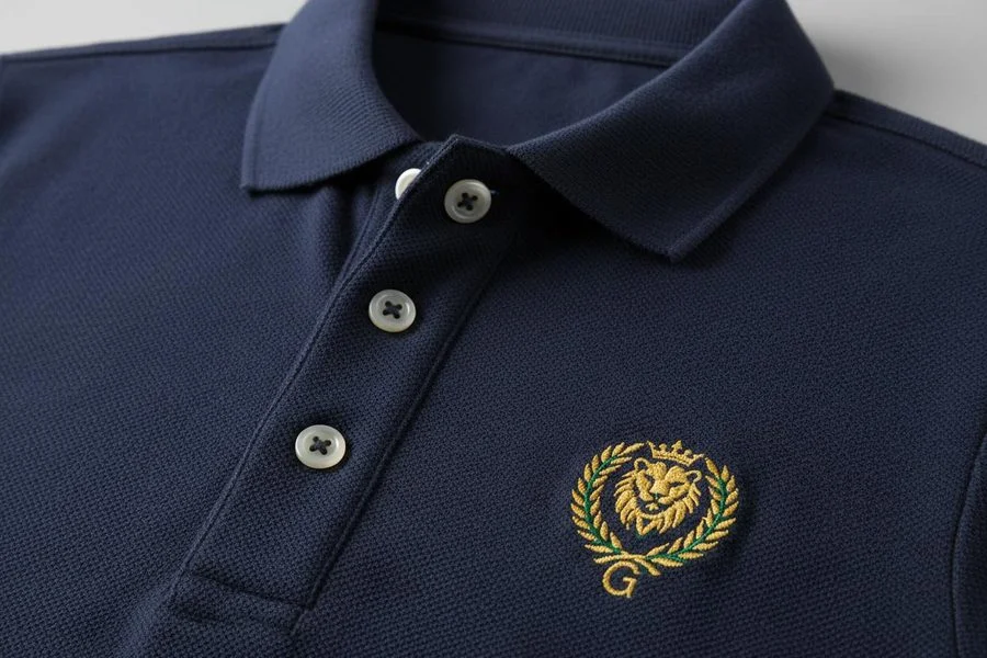 Flat gold crest embroidery sitting flush on a navy polo
