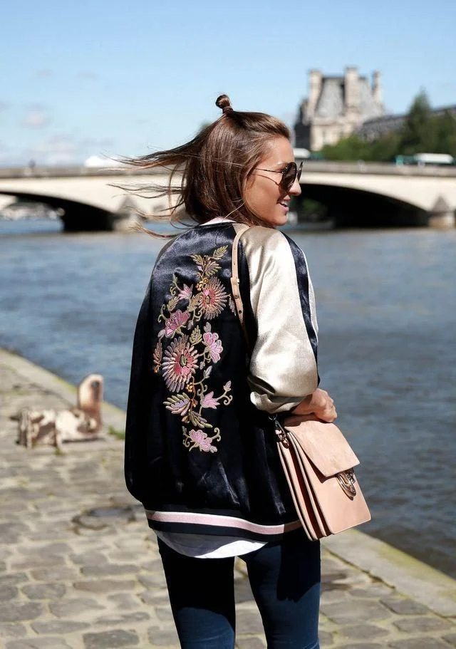 All-over embroidered souvenir jacket back panel