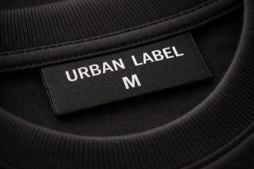 Woven brand label sewn into the collar of a garment