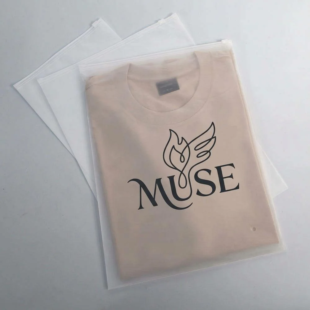 Custom printed poly bags with folded garments