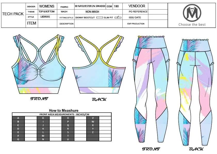 Base layer and activewear tech pack technical sketch