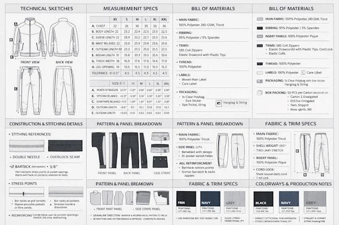 Custom and hybrid product tech pack specification sheet