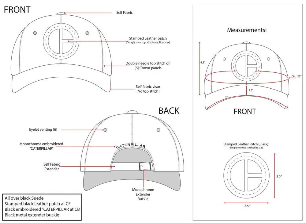 Headwear tech pack technical sketch for caps