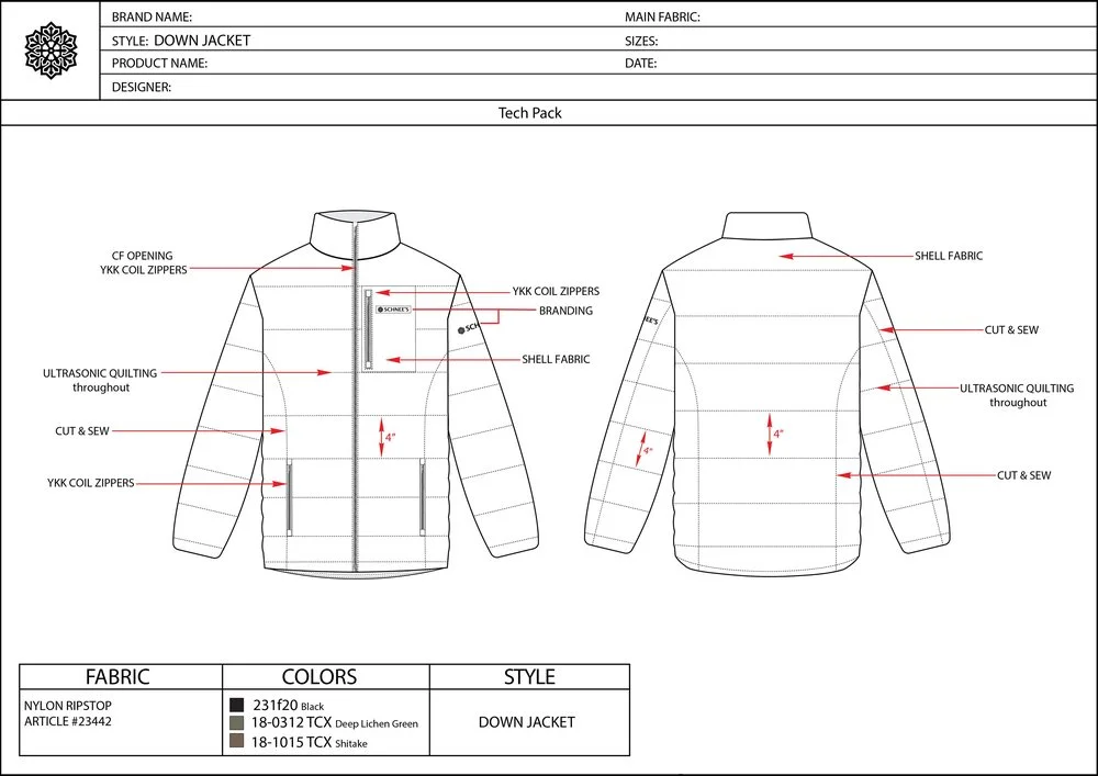 Jacket and outerwear tech pack technical sketch
